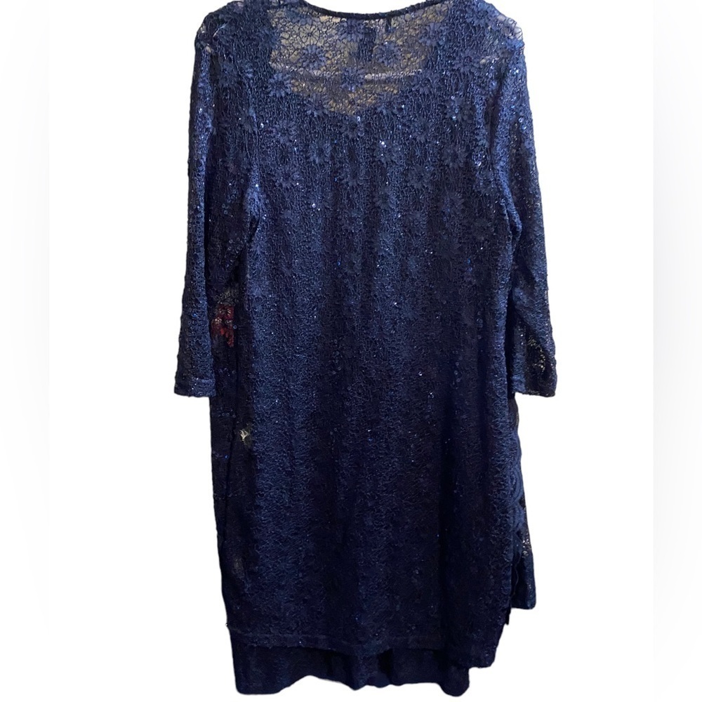 R&M Richards Navy Blue Short Sleeve Dress Long Sleeve Scalloped Cardig…